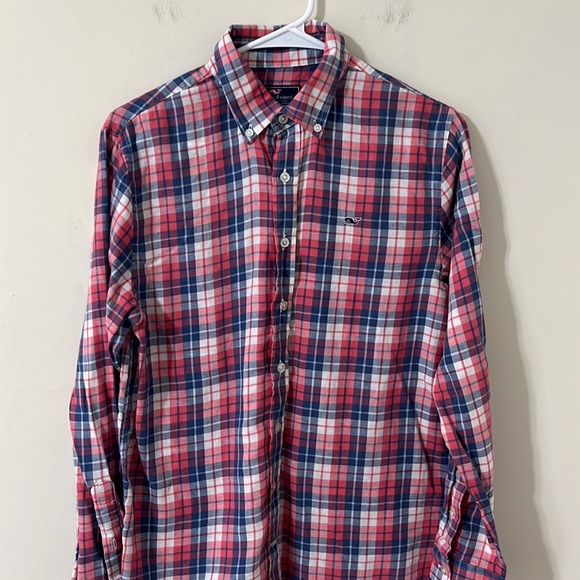 Vineyard Vines Boy’s Linen Blend Red White Blue Plaid Button Down Whale Shirt XL - Picture 2 of 11